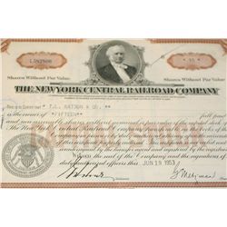 The New York Central Railroad Co. Stock Certificate dated 1953