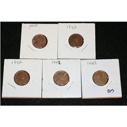 1942 (3), 1942-D & 1955-D Wheat Back Penny, lot of 5
