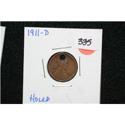 1911-D Wheat Back Penny, Holed