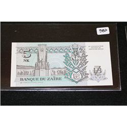 1993 Banque Du Zaire 5 NK Foreign Bank Note