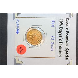 1854 Indian Princess $3 Gold Coin, Repaired  **CeCe's Premium Special 10% Buyer's Premium-The Lot On