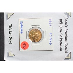 1854 Indian Princess $3 Gold Coin, Repaired  **CeCe's Premium Special 10% Buyer's Premium-The Lot On