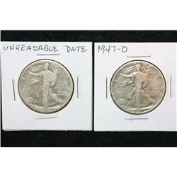 1947-D Walking Liberty Half Dollar & Unreadable Date Walking Liberty Half Dollar, lot of 2