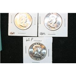 1960-P, 1960-D & 1962-P Ben Franklin Half Dollar, UNC, lot of 3