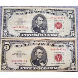 2 $5 1963 Red Seal United States Notes
