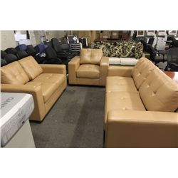 BEIGE 3 PIECE LEATHER SOFA, LOVESEAT & CHAIR