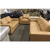 Image 1 : BEIGE 3 PIECE LEATHER SOFA, LOVESEAT & CHAIR