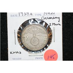 1939A Nazi Germany 2 Reichsmark, KMA3, Flying Eagle w/Swatstika