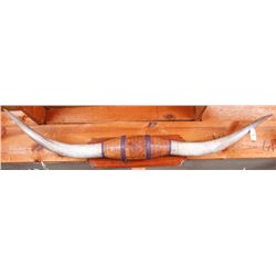 Large Bull Horns with Floral Tooled Leather Center