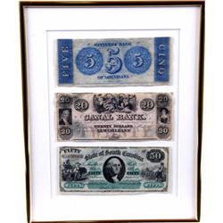 Framed 1870s Broken Bank Notes ($5,$20,& $50)