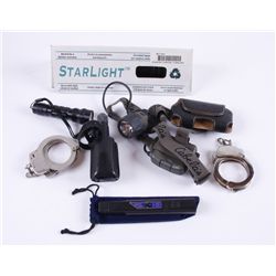 Lot of Tactical Flash Lights, Hand Cuffs, & More