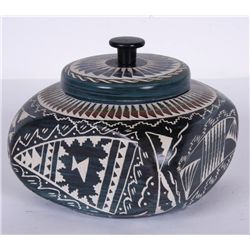 Navajo In Sized Carved Pottery Lidded Jar