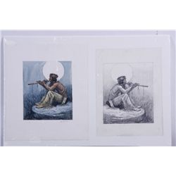 Hand Colored Print of a Flute Player by Joe Beeler