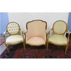 3 odd French style chairs with pink upholstery