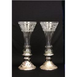 Pair etched glass vases with mercury glass bases