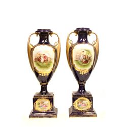 Pair Vienna style cobalt double handle urns