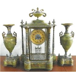 3 piece alabaster & enamel clock set