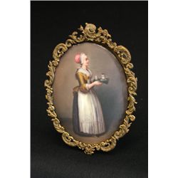 Oval porcelain painting of  Woman with Tray 