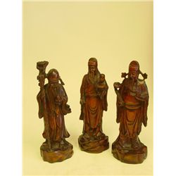 3 carved Wong Yong wood figures "Old Men"