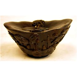 Rhinoceros horn cup with etchings "Lotus Flowers"