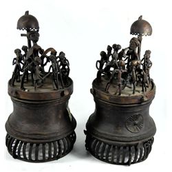 2 covered bronze figural Tibetan style urns