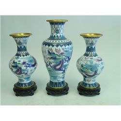 Lot of 3 cloisonne vases on wood stands