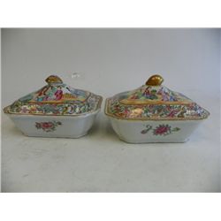 2 Famille Rose Mandarin covered vegetable dishes