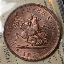 Breton # 719, Charlton # PC-6B2, ICCS MS-64. 1852 Bank of Upper Canada Penny 85 % original Red. Scar