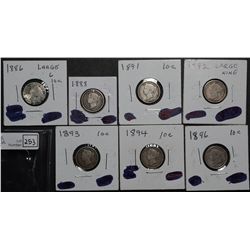 10 Cents 1886 L6 AG-3 Cleaned, 1888 G-6, 1891 22L VG-10, 1892 L9 G-4, 1893 FT3 G-4, 1894 VG-8, 1896 