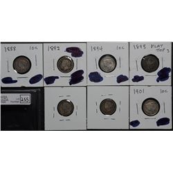 10 Cents 1888 F-12, 1892 L9 G-4, 1893 FT3 G-6, 1894 F-12 Corrosion, 1896 G-4, 1900 G-6, 1901 VF-20. 