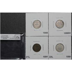 10 Cents 1888 VG-10, 1890H F-12, 1891 21L F-12, 1891 22L VF-20. Lot of 4 coins.