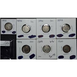 10 Cents 1888 G-4, 1894 AG-3, 1894 G-4, 1894 VG-8 Corrosion, 1898 VF-20 Cleaned, 1899 VG-8, 1900 F-1