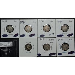 10 Cents 1888 F-12, 1894 G-4, 1894 G-4, 1894 G-4, 1898 VG-10, 1899 L99 VG-8, 1900 F-12. Lot of 7 coi