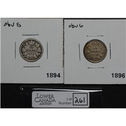 10 Cents 1894 Obv 5  G-6 & 1896 Obv 6 VF-30. Lot of 2 coins.