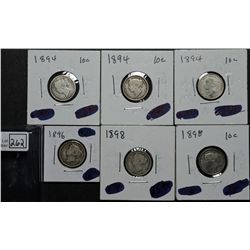 10 Cents 1894 G-4, 1894 G-6, 1894 VG-8 Cleaned, 1896 VG-8, 1898 VG-8, 1898 F-12. Lot of 6 coins.