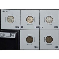 10 Cents 1898 Obv 6 VF-20, 1899 S9 F-15, 1899 L9 F-12, 1900 F-12 & 1901 F-12. Lot of 5 coins.