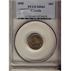 10 Cents 1898, PCGS MS-64. Intense brown to green shades. Near Gem. Flashy.