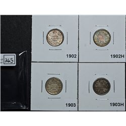 10 Cents 1902 VF-20, 1902H VF-20, 1903 VG-8 & 1903H VG-8. Lot of 4 coins.