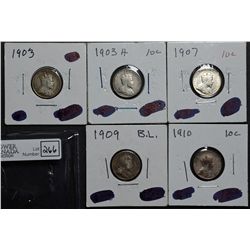 10 Cents 1903 F-15, 1903H F-12, 1907 VF-20, 1909 BL F-12, 1910 VF-20. Lot of 5 coins.