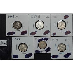10 Cents 1903H VG-10, 1903H F-12, 1911 VF-20, 1913 VF-20, 1915 VG-8, 1919 VF-30. Lot of 6 coins.
