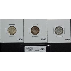 10 Cents 1904 VF-30, 1905 VF-20 & 1906 F-12. Lot of 3 coins.