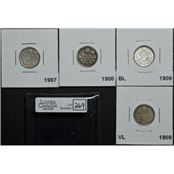 10 Cents 1907 F-15, 1908 VG-8, 1909 VL VG-10, 1909 BL  F-15. Lot of 4 coins.
