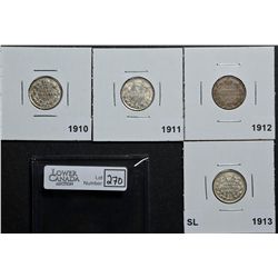 10 Cents 1910 F-15, 1911 EF-40, 1912 VG-10 & 1913 SL VF-20. Lot of 4 coins.