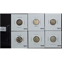 10 Cents 1914 F-12, 1915 VF-30, 1916 F-15, 1917 EF-40, 1918 VF-30 & 1919 VF-20. Lot of 6 coins.