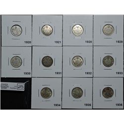 10 Cents 1920 F-15, 1921 VF-20, 1928 EF-40, 1929 VF-20 & 1930 VF-20, 1931 F-15, 1932 VF-20, 1933 VG-