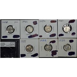 10 Cents 1928 VF-20, 1936 VF-30, 1936 EF-40, 1937, MS-60, 1937 MS-62, 1939 EF-40, 1939 AU-50. Lot of