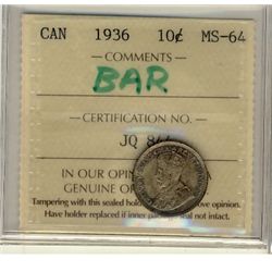 10 Cents 1936, ICCS MS-64; Bar.