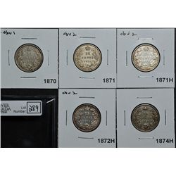 25 Cents 1870 Obv 1 VG-8, 1871 OBV 2 VG-8, 1871H Obv 2 VG-8, 1872H Obv 2 VG-10, 1874H VF-30. Lot of 