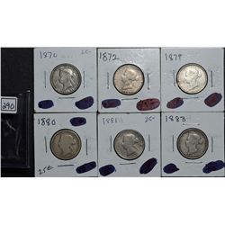 25 Cents 1870 Obv 1 VG-8, 1872H Obv 2 VG-8, 1874H VG-8, 1880H N/W0 G-4, 1881H VG-8, 1883H VG-8. Lot 