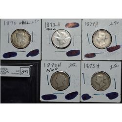 25 Cents 1870 Obv 2 VG-8, 1872H Obv 2 VG-8, 1874 H VG-8 Cleaned, 1880H N/W0 G-4, 1883H G-6. Lot of 5